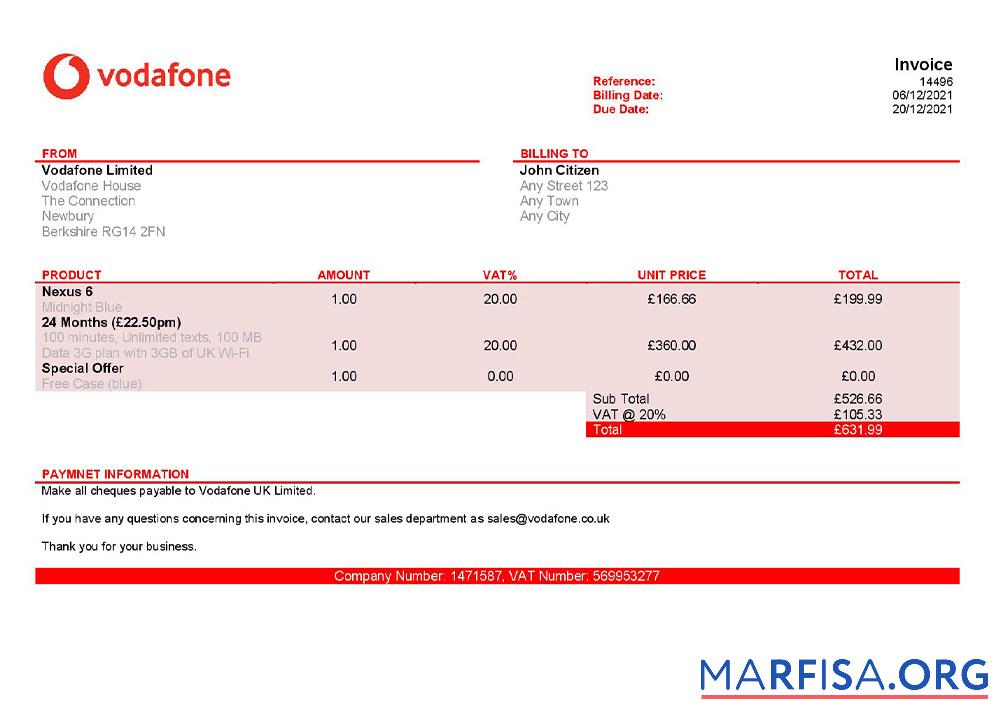 Printable USA Vodafone invoice template